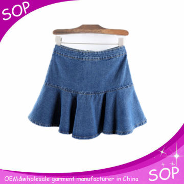 Children denim tight mini skirt in blue girl ruffle jeans skirts