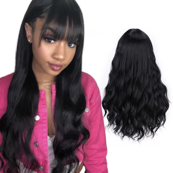 Vigorous Water Wave Synthetic Hair Wigs Black Long Wigs with Bangs For Women Cosplay Middle Part Pink Black Purple Brown Wig