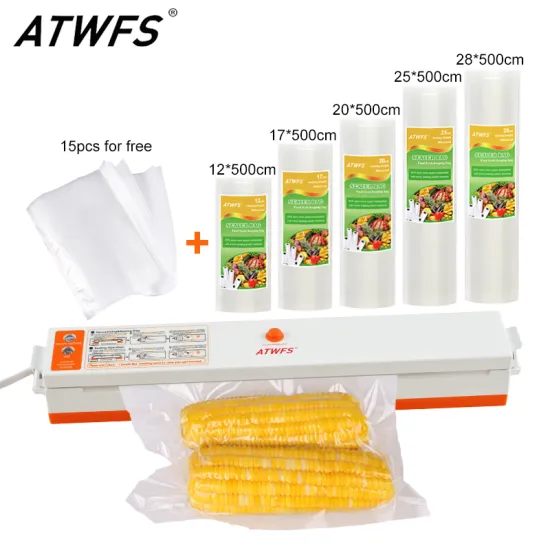 ATWFS Home Food Vacuum Sealer Packing Machine With 5 Vacuum Bag Packaging Rolls (12X500cm,17X500cm,20X500cm,25X500cm,28X500cm)