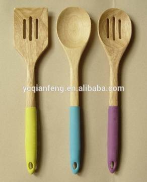 Wood Utensils 3-Pieces Set, Made of Rubber wood with Silicone sleeve Handle