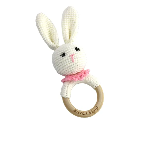 Natural Wooden Teething Ring with Squeaky Toy: Handmade Forest Friends Crochet Baby Rattle