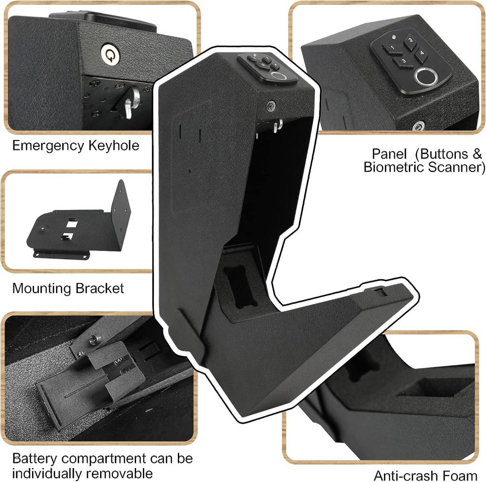 This pistol safe has a built-in battery compartment that can be taken out and put in to prevent the battery from falling off. In addition, this pistol safe is also equipped with an emergency key that can be opened when the battery is out of power or cannot be opened. Note: The emergency key must be kept separately. good. The butt is equipped with foam sponge to prevent the pistol from being scratched.