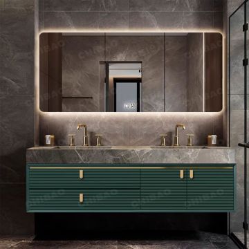 Modern Wall-Mounted Bathroom Vanity Cabinet with Wood and Marble Finish including Mirror