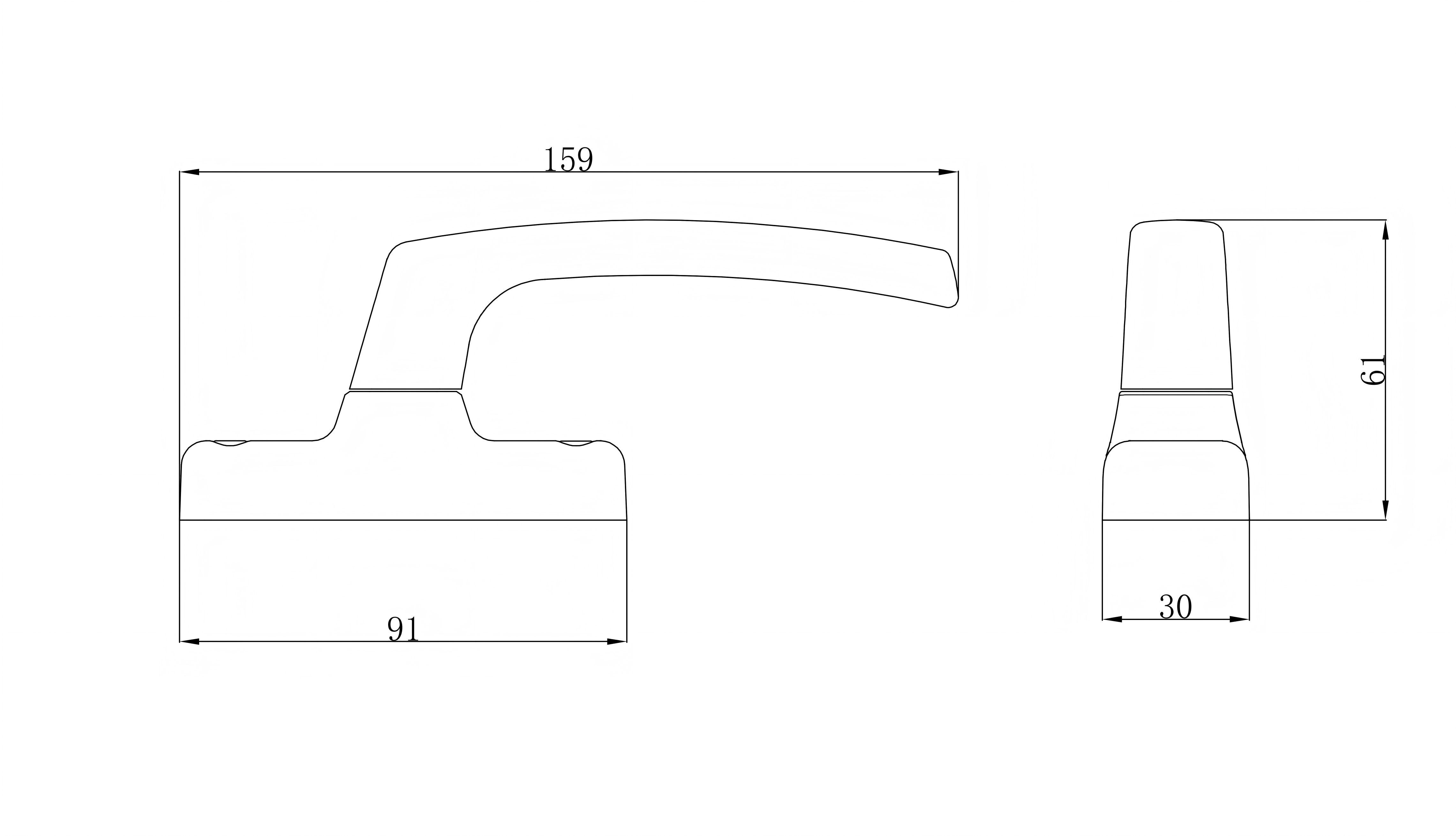 Габаритный чертеж оконной ручки алюминиевой створки BC318