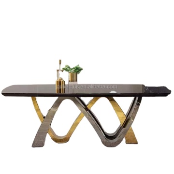 Home Use Artistic Black Marble Top Stainless Steel Dining Table Set with 8 Chairs