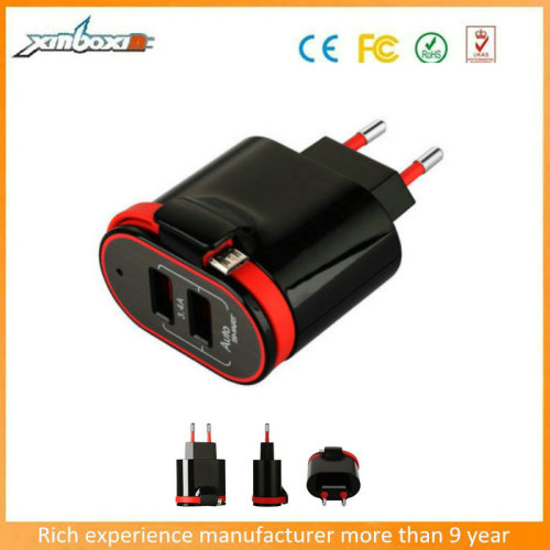 CE standard Dual USB EU charger adaptor with integrated emergency cable for smart phone and tablets
