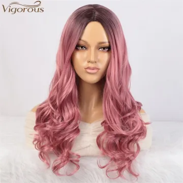 Vigorous Wholesale Price Long Natural Wave Cosplay Wig for Women Synthetic Ombre Pink Middle Part Wigs Heat Resistant