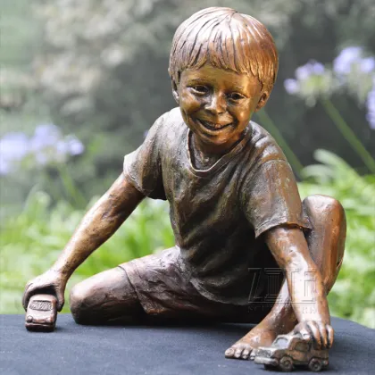 Outdoor lovely casting bronze boy and puppies statues children sculpture