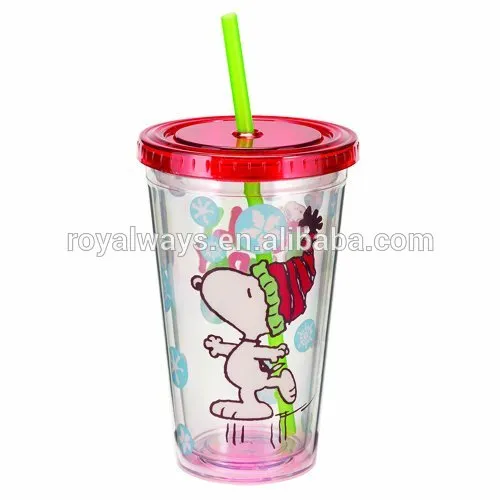 BPA FREE reusable plastic double wall cup with lid and straw