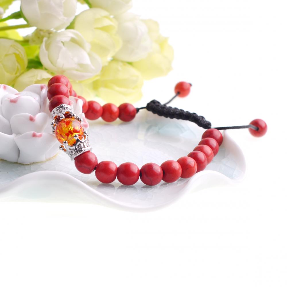 Bracelet tissé de perles turquoise rouge avec ambre et couronne