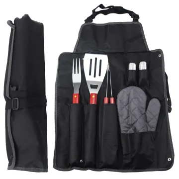 5-Piece BBQ Accessory Set: Barbecue Fork, Tongs, Spatula, Apron & Grill Tools in Stainless Steel for Outdoor Cooking