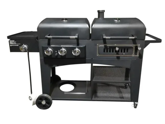 Easily Cleaned Black Charcoal Smoker and Gas Combo Grill with Table Side