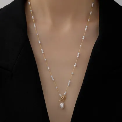 Temperament OT Buckle Long Baroque Pearl Necklace