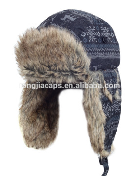 multi colour knitted jacquard fabric winter hat with synthetic fur