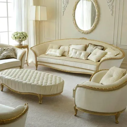 European-Style French Antique Luxury Curved Wooden Royal Furniture Sofa Set Golden