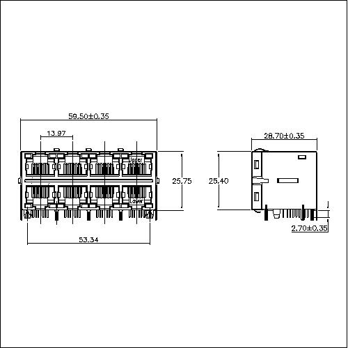 ATRT-6-D-A-X-008 RJ45 2X4 PORT WITH TRANSFORMER 100Mbps WITH LED