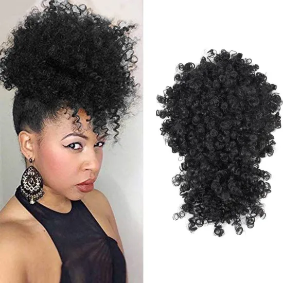 Hot Black Afro Puff Hair Pieces For Women Short Kinky Curly Chignon With Bangs Drawstring Ponytail Synthetic Hair Bun Extensions