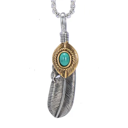 Ancient Silver Turquoise Ornament Stone Feathers Pendant