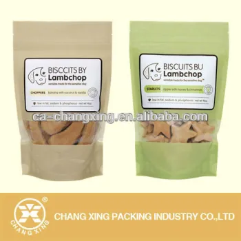 Resealable zipper kraft paper dog biscuits packaging bag with window/ self standing pouch for cat pet food packing