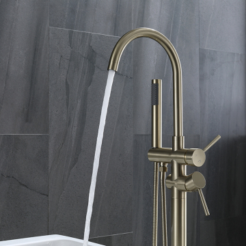 Bathroom Floor Mounted Mixer Tap Brushed Gold Bath Tub Faucet