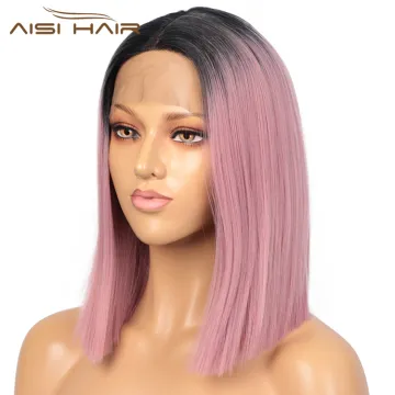 Aisi Hair 14 Inch Short Bob Ombre Pink Dark Root Wig Swiss Lace Wig Cosplay Synthetic Lace Frontal Wigs For Black Women
