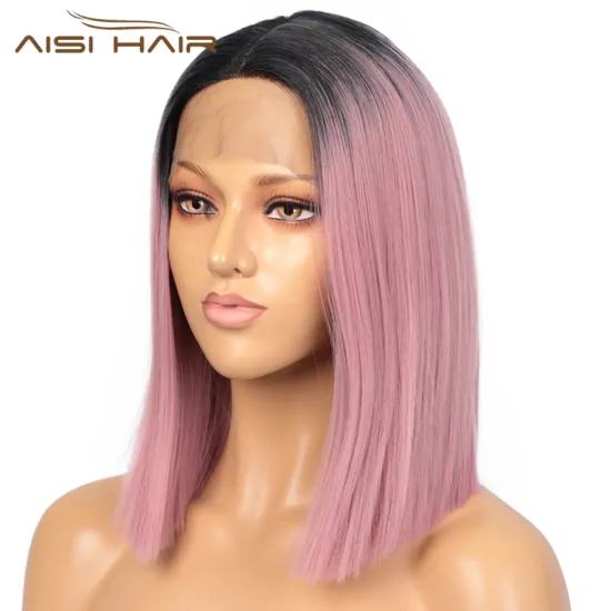 Aisi Hair 14 Inch Short Bob Ombre Pink Dark Root Wig Swiss Lace Wig Cosplay Synthetic Lace Frontal Wigs For Black Women