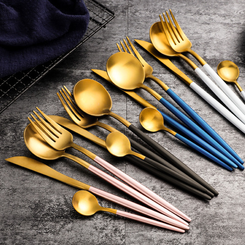 Home Cutlery Set Blue Gold 4Pcs/set Stainless Steel Frosted High-end Steak Cutlery Knife Spoon Fork Dessert Spoon Restaurant