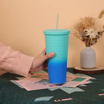 Sustainable Gradient Colored Portable Plastic Straw Cup & Water Bottle