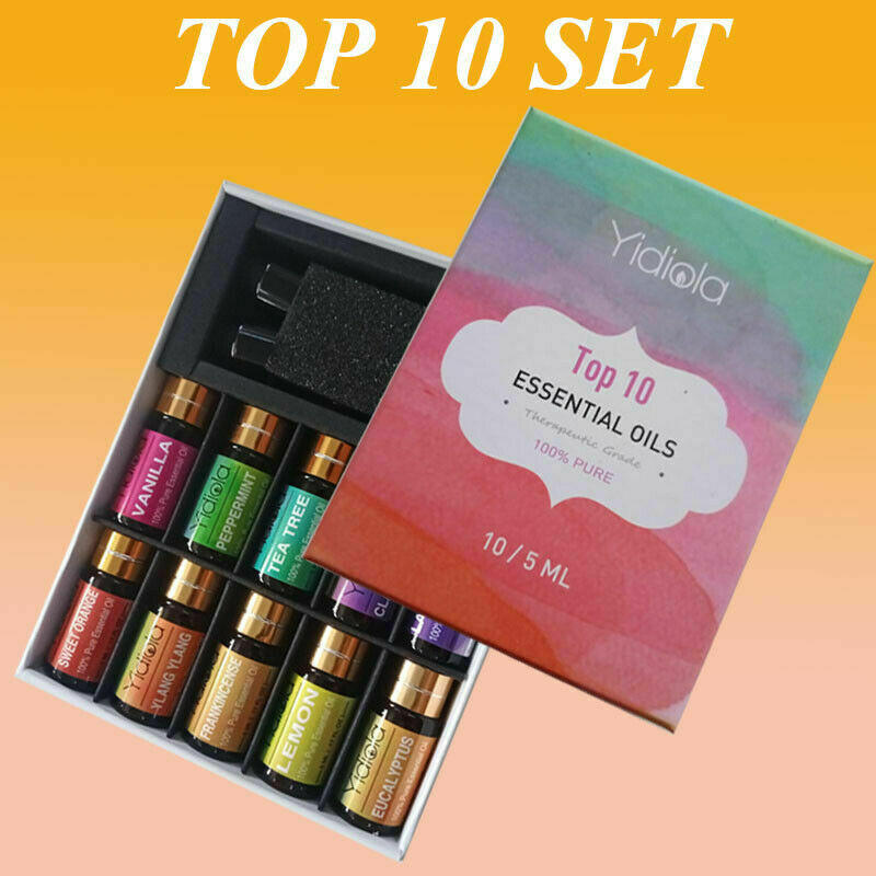 Yidiola 10Pcs Pure Essential Oils Set 5ML Gift Box Kit Lavender Tea Tree Sandalwood Jasmine Diffuser Massage Aroma Diffuser Oil