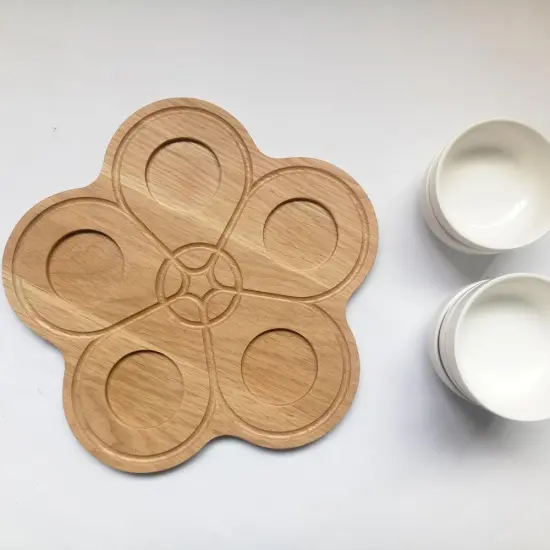 Round wooden food tray with ceramic set