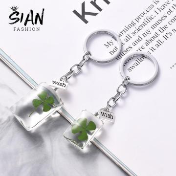 SIAN Lucky Four Leaf Clover Glass Keychain 3 Styles Natural Green Clover Exquisite Alloy Key Chain for Friends Birthday Jewelry