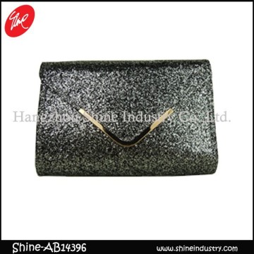 sparkle glitter with metal edge in middle thin clutch bag