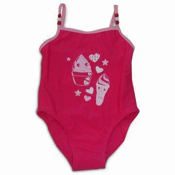 Kids swimwear, photo print at front cent and contrast binding, made of 80% nylon and 20% spandex
