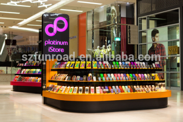 Mobile phone accessories kiosk designs LED lighted glass display counters