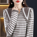 Navy V-neck simple horizontal stripe sweater