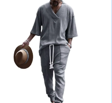 European and American Men's Summer Casual Knitted Short Sleeve T-Shirt and Long Pants Suit