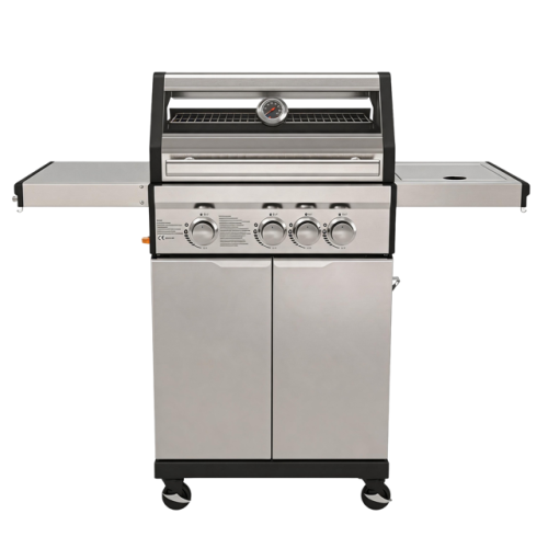 Parrilla de barbacoa de gas propano líquido de lujo con 4 quemadores, ventana de vidrio panorámica y quemador lateral integrado
