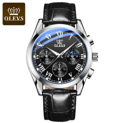OLEVS Watch 2871 Multifunctional Sports Fashion Genuine Leather Wristwatch Chronograph Waterproof Luminous Men's Watch