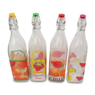 Square Glass Bottle with Decal, Rubber Pad and Plastic Lid, Comes in Egg-crate Packing
