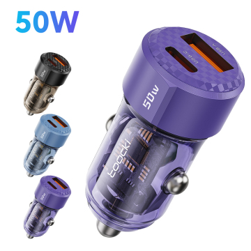 50W Fast Charging Car Charger - Toocki Mini Portable USB-A+Type-C Dual Port ABS Transparent