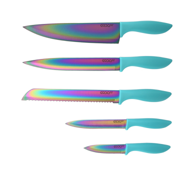 Colorful Titanium Coating Chef Knife Set - 5 Piece Professional Kitchen Knife Bundle with Plastic Handles