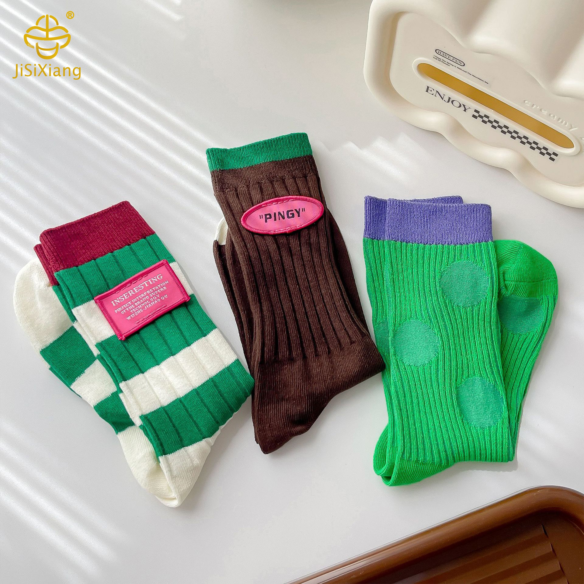 version color blocking manual labeling mid tube sock for women