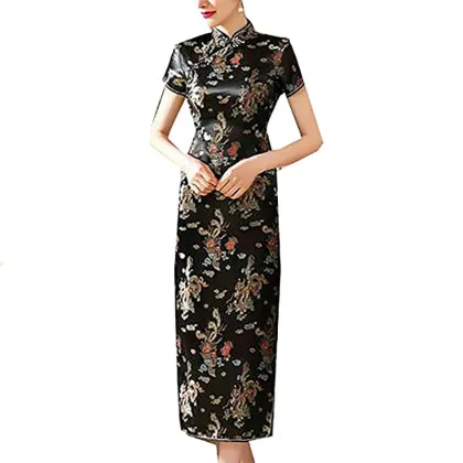 Chinese Traditional Style Women's Silk Pattern Midi Length Printed Dragon and Phoenix Cheongsam Dress