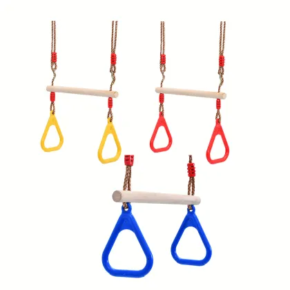 Swing Rope Seat Garden Toy Swings Children Wooden Trapeze Swing Bar with Plastic Gym Rings for Outdoor Fitness Toy