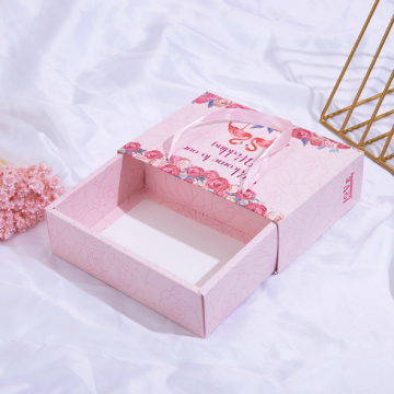 Pink Foldable Drawer Gift Box with Ribbon Handle