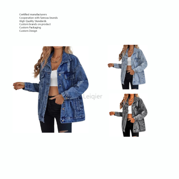 Custom Logo Women's Oversized Ripped Distressed Denim Jacket