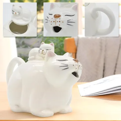 Cute Ceramic Cat Pattern Handmade Porcelain Teapot