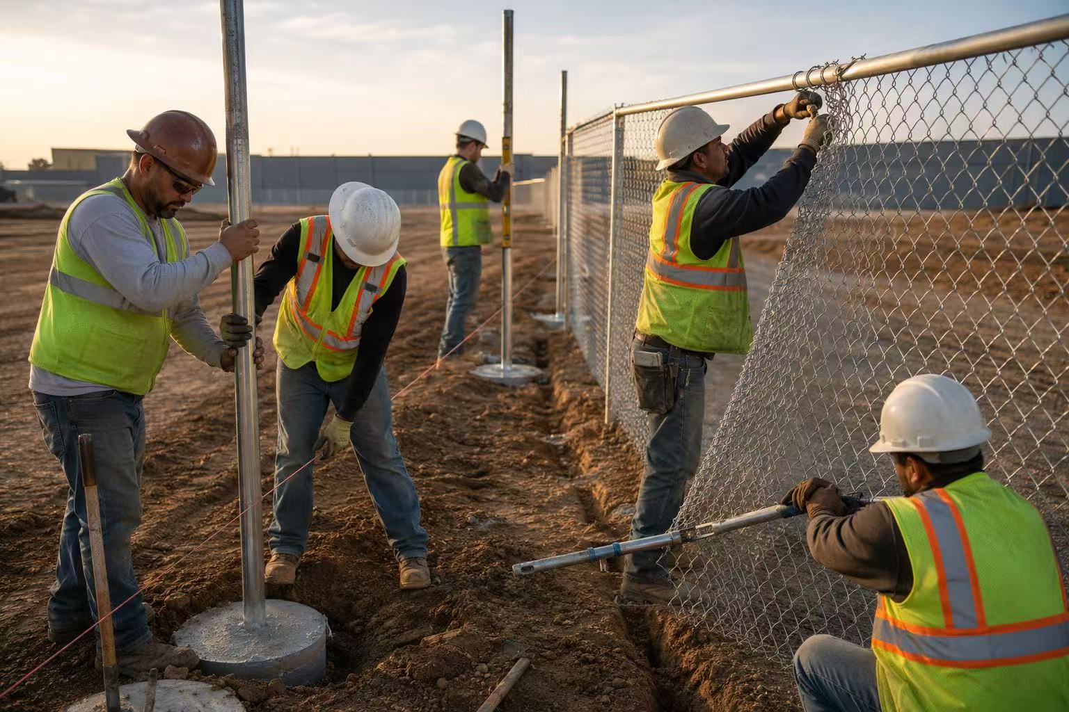Chain link fence installation crew at work