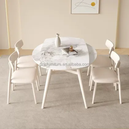 Creamy Style White Sintered Stone Dining Table Set - Telescoping Retractable Home Restaurant Hotel Folding Round Table Set