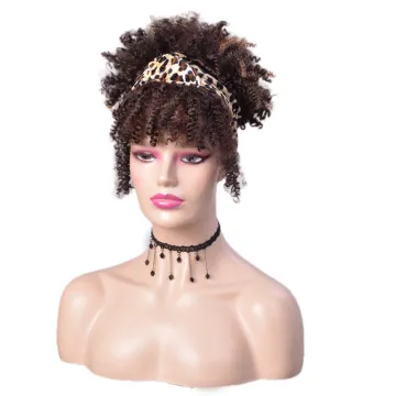New Arrival Ombre Short Kinky Curly Turban Wrap Wig Synthetic Wig With Headband Afro Headband Wig Attached For Black Women Party